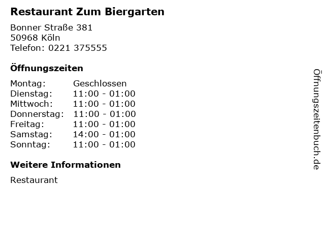 Restaurant Zum Biergarten in Köln: Adresse und Öffnungszeiten