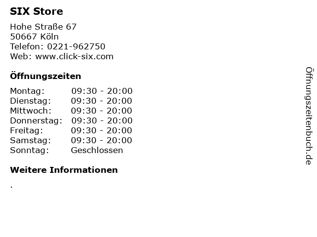 SIX Store in Köln: Adresse und Öffnungszeiten