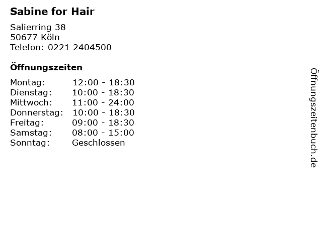 Sabine for Hair in Köln: Adresse und Öffnungszeiten