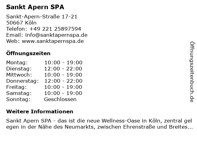 Sankt Apern SPA in Köln: Adresse und Öffnungszeiten
