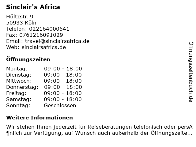 Sinclair's Africa in Köln: Adresse und Öffnungszeiten