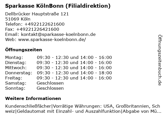 ᐅ Offnungszeiten Sparkasse Kolnbonn Filiale Dellbruck