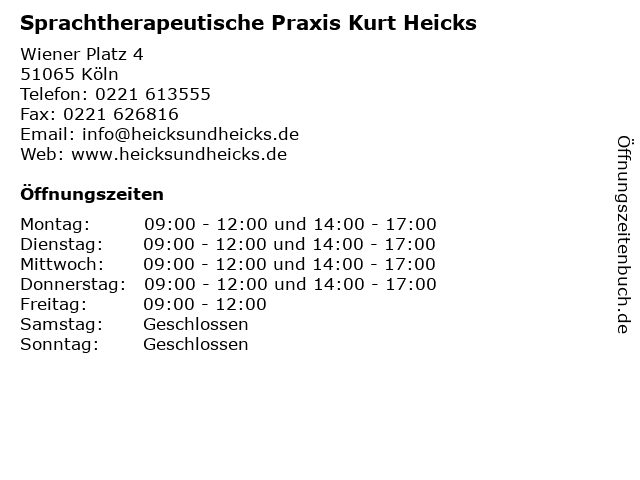 Sprachtherapeutische Praxis Kurt Heicks in Köln: Adresse und Öffnungszeiten