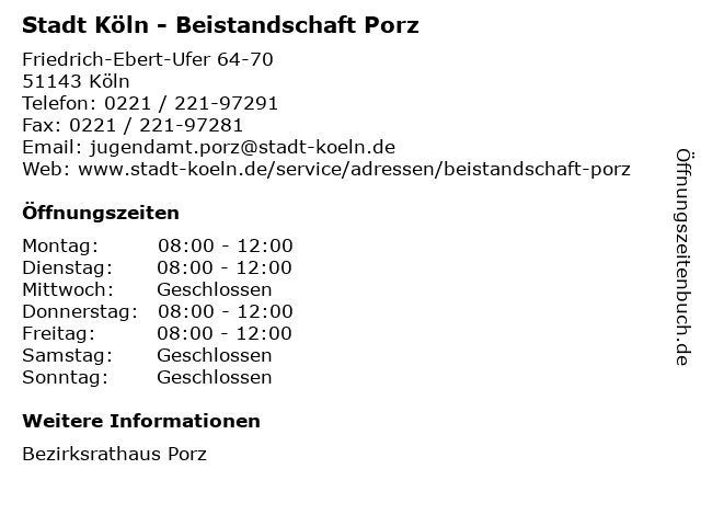 Stadt Köln - Beistandschaft Porz in Köln: Adresse und Öffnungszeiten
