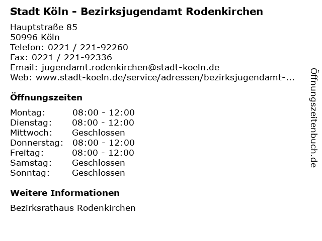 Stadt Köln - Bezirksjugendamt Rodenkirchen in Köln: Adresse und Öffnungszeiten