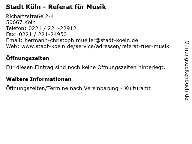 Stadt Köln - Referat für Musik in Köln: Adresse und Öffnungszeiten