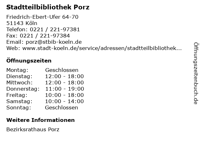 Stadtteilbibliothek Porz in Köln: Adresse und Öffnungszeiten