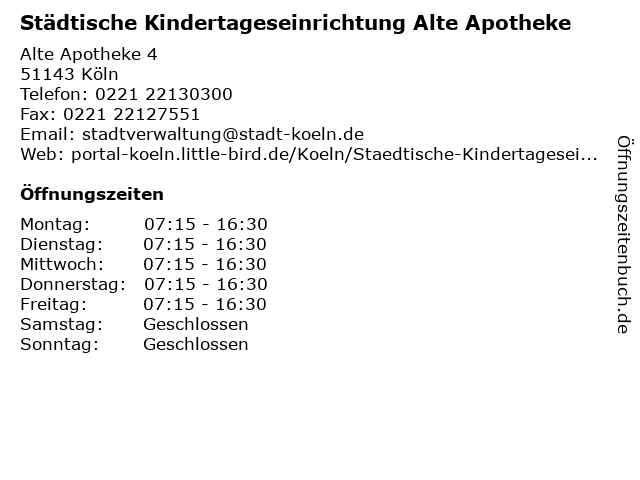 Städtische Kindertageseinrichtung Alte Apotheke in Köln: Adresse und Öffnungszeiten