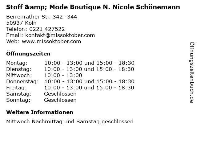 Stoff & Mode Boutique N. Nicole Schönemann in Köln: Adresse und Öffnungszeiten