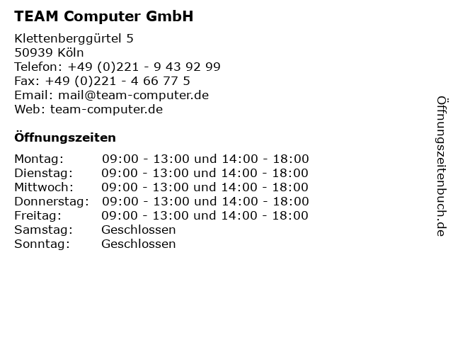 TEAM Computer GmbH in Köln: Adresse und Öffnungszeiten