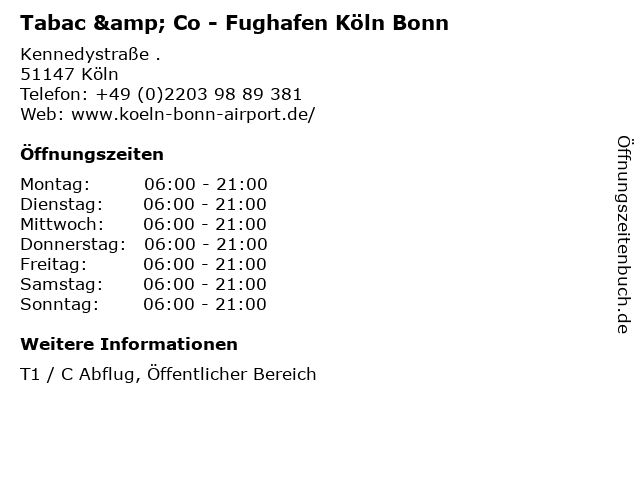Tabac & Co - Fughafen Köln Bonn in Köln: Adresse und Öffnungszeiten