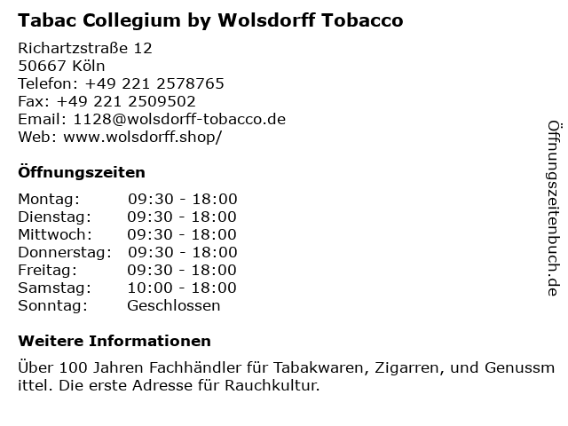 Tabac Collegium by Wolsdorff Tobacco in Köln: Adresse und Öffnungszeiten