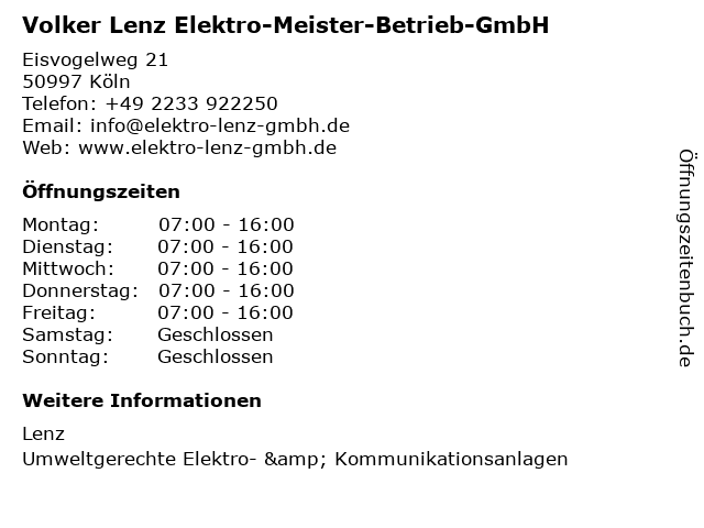 Volker Lenz Elektro-Meister-Betrieb-GmbH in Köln: Adresse und Öffnungszeiten
