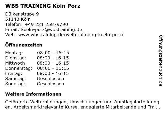 WBS TRAINING Köln Porz in Köln: Adresse und Öffnungszeiten