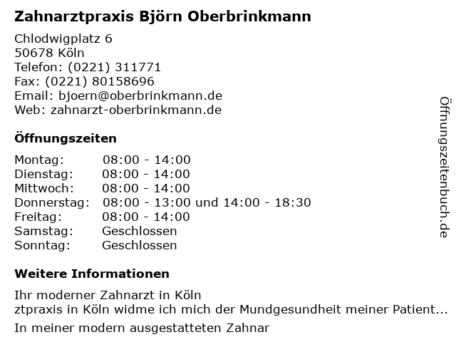 Zahnarzt Björn Oberbrinkmann in Köln: Adresse und Öffnungszeiten