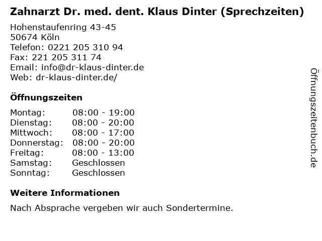 Zahnarzt Dr. med. dent. Klaus Dinter (Sprechzeiten) in Köln: Adresse und Öffnungszeiten