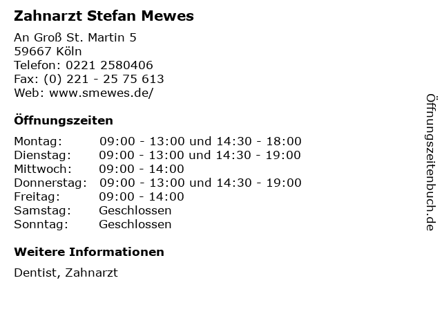 Zahnarzt Stefan Mewes in Köln: Adresse und Öffnungszeiten