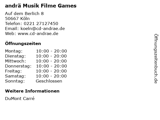 andrä Musik Filme Games in Köln: Adresse und Öffnungszeiten