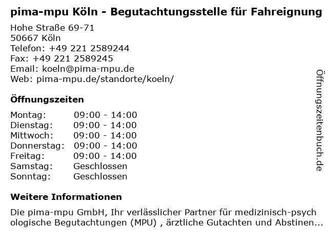 ᐅ Offnungszeiten Pima Mpu Gmbh Hohe Strasse 69 71 In Koln