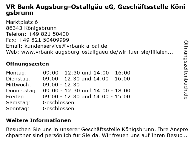 VR Bank Augsburg-Ostallgäu eG, Geschäftsstelle Königsbrunn in Königsbrunn: Adresse und Öffnungszeiten