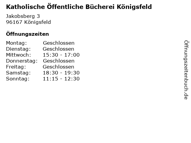 Katholische Öffentliche Bücherei Königsfeld in Königsfeld: Adresse und Öffnungszeiten