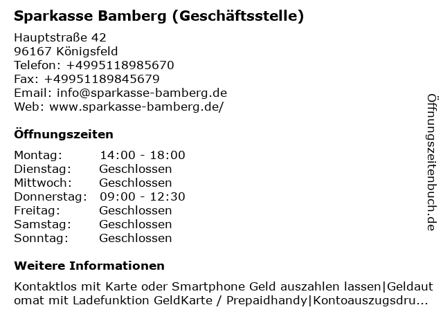 Sparkasse Bamberg (Geschäftsstelle) in Königsfeld: Adresse und Öffnungszeiten