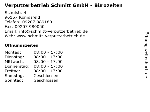 Verputzerbetrieb Schmitt GmbH - Bürozeiten in Königsfeld: Adresse und Öffnungszeiten