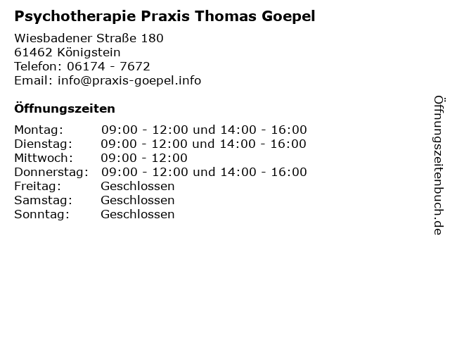 Psychotherapie Praxis Thomas Goepel in Königstein: Adresse und Öffnungszeiten