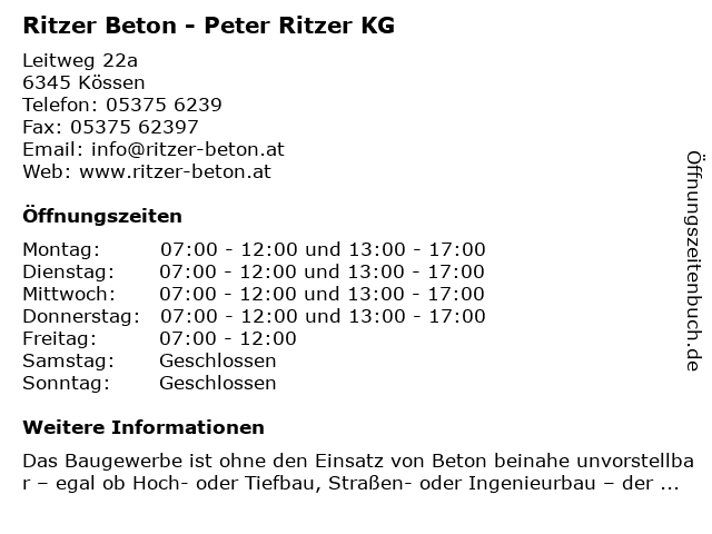 Ritzer Beton - Peter Ritzer KG in Kössen: Adresse und Öffnungszeiten