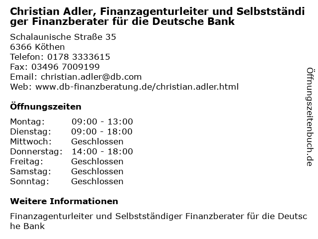 ᐅ Offnungszeiten Finanzagentur Fur Die Deutsche Bank Christian