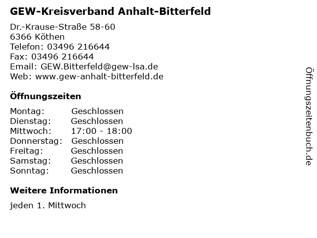 GEW-Kreisverband Anhalt-Bitterfeld in Köthen: Adresse und Öffnungszeiten