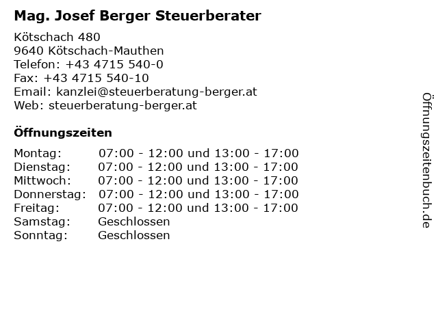 Mag. Josef Berger Steuerberater in Kötschach-Mauthen: Adresse und Öffnungszeiten