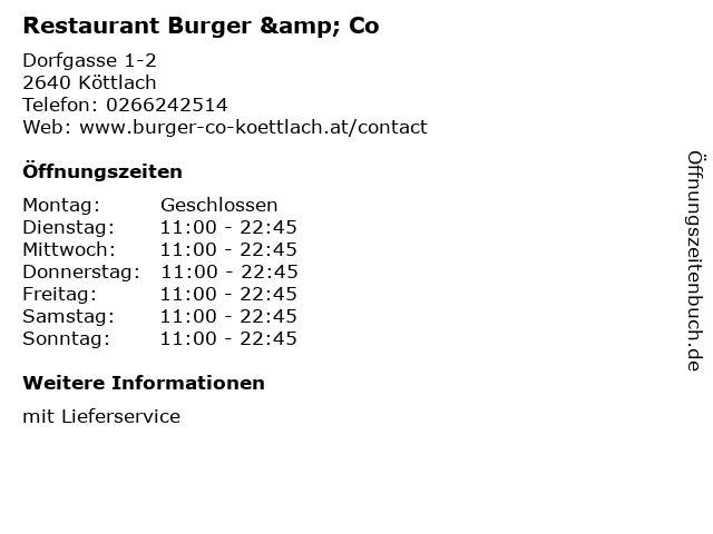 Restaurant Burger & Co in Köttlach: Adresse und Öffnungszeiten