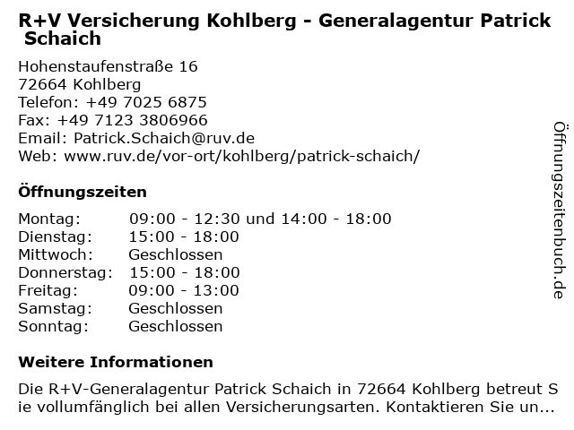 R+V Versicherung Kohlberg - Generalagentur Patrick Schaich in Kohlberg: Adresse und Öffnungszeiten