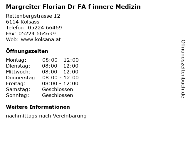 Margreiter Florian Dr FA f innere Medizin in Kolsass: Adresse und Öffnungszeiten