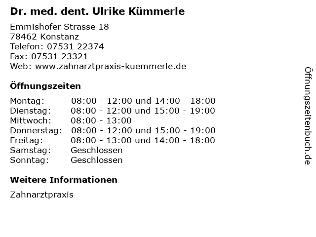 Dr. med. dent. Ulrike Kümmerle in Konstanz: Adresse und Öffnungszeiten