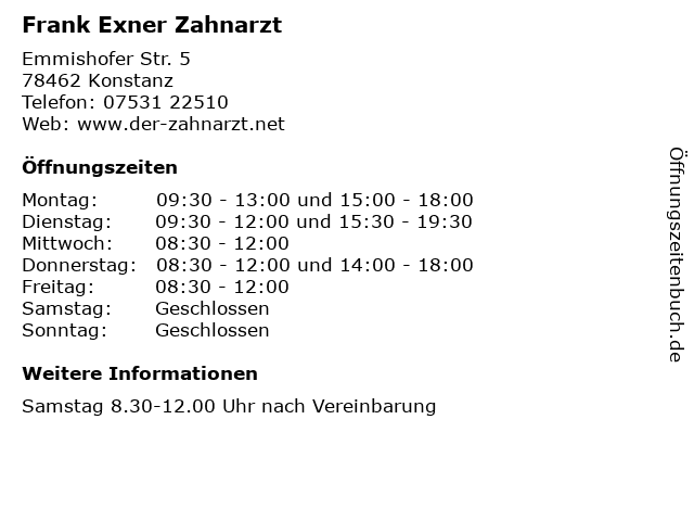 Frank Exner Zahnarzt in Konstanz: Adresse und Öffnungszeiten