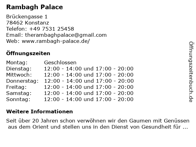 Rambagh Palace in Konstanz: Adresse und Öffnungszeiten