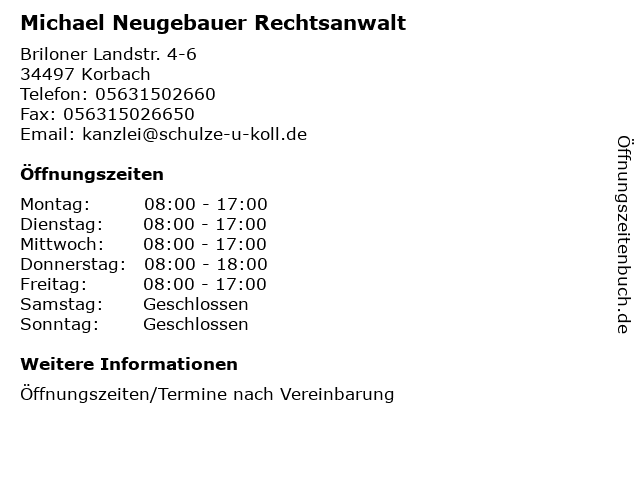 ᐅ Offnungszeiten Michael Neugebauer Rechtsanwalt Briloner Landstr 4 6 In Korbach