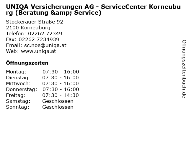 UNIQA Versicherungen AG - ServiceCenter Korneuburg (Beratung & Service) in Korneuburg: Adresse und Öffnungszeiten