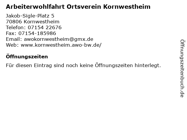 Arbeiterwohlfahrt Ortsverein Kornwestheim in Kornwestheim: Adresse und Öffnungszeiten
