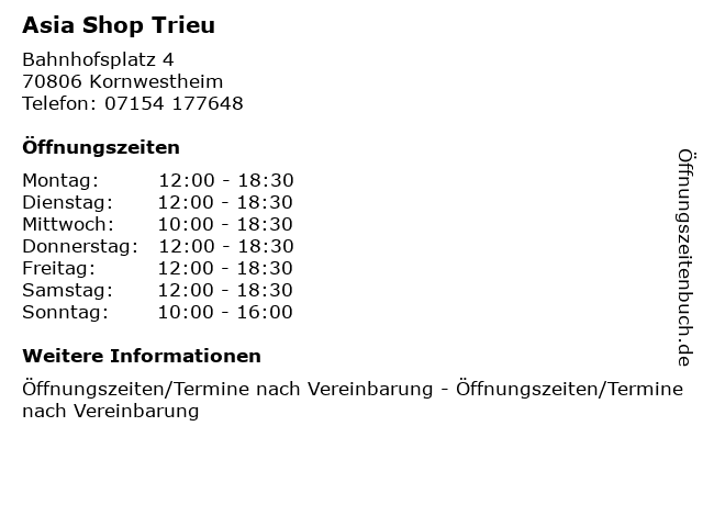 Asia Shop Trieu in Kornwestheim: Adresse und Öffnungszeiten