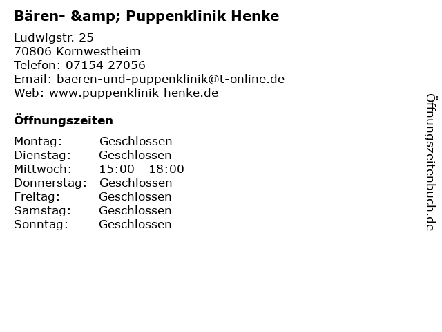 Bären- & Puppenklinik Henke in Kornwestheim: Adresse und Öffnungszeiten