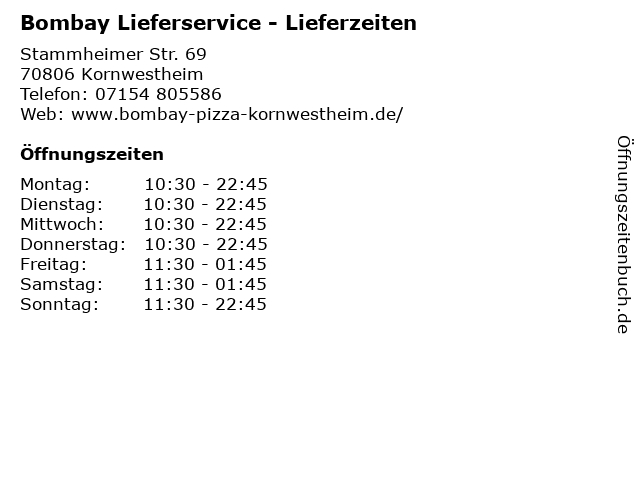Bombay Lieferservice - Lieferzeiten in Kornwestheim: Adresse und Öffnungszeiten