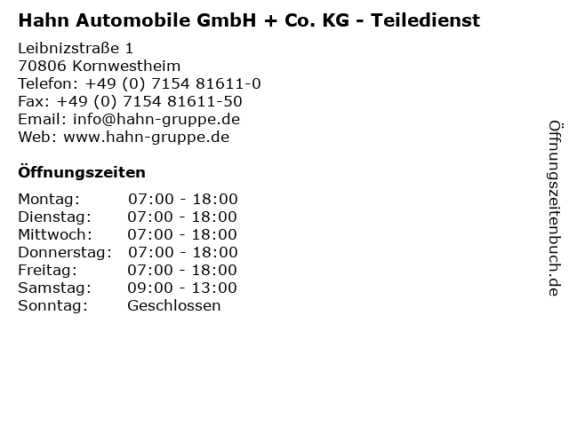 Hahn Automobile GmbH + Co. KG - Teiledienst in Kornwestheim: Adresse und Öffnungszeiten