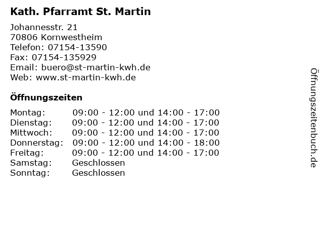 Kath. Pfarramt St. Martin in Kornwestheim: Adresse und Öffnungszeiten