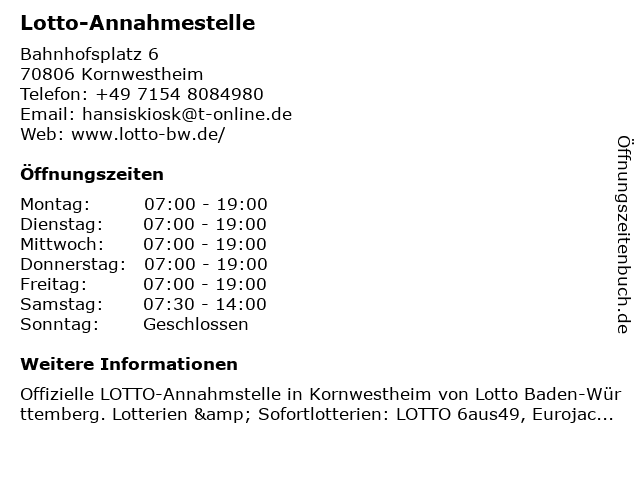 Lotto-Annahmestelle in Kornwestheim: Adresse und Öffnungszeiten