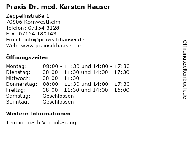 Praxis Dr. med. Karsten Hauser in Kornwestheim: Adresse und Öffnungszeiten