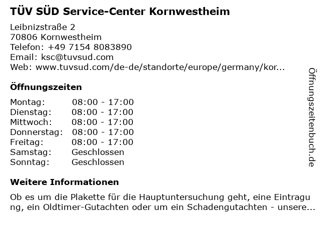 TÜV SÜD Service-Center Kornwestheim in Kornwestheim: Adresse und Öffnungszeiten