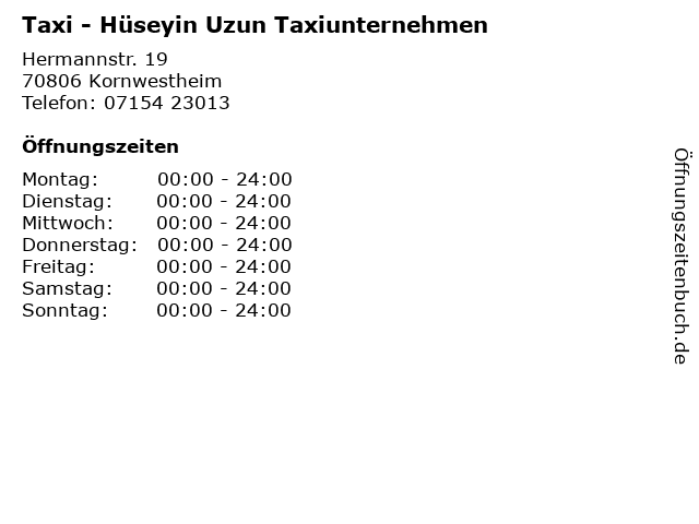 Taxi - Hüseyin Uzun Taxiunternehmen in Kornwestheim: Adresse und Öffnungszeiten